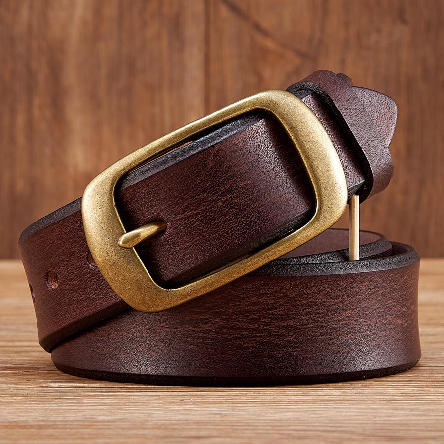3.8CM Men's Genuine Leather Belt Luxury Designer Brass Pin Buckle Belts Pure Cowskin Vintage Strap Male Jeans Belt for Man