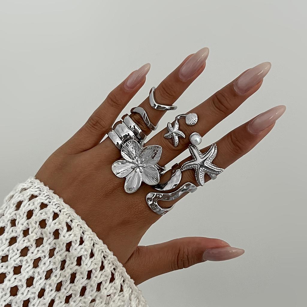 Ocean vacation style conch fan shell ring set ins style metal flower opening ring for women
