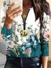 Women's T Shirt Floral Graphic Vintage Fashion Stylish Long Sleeve Crew Neck Regular Tops Daily Zipper Print Yellow Blue Green Spring Fall Winter