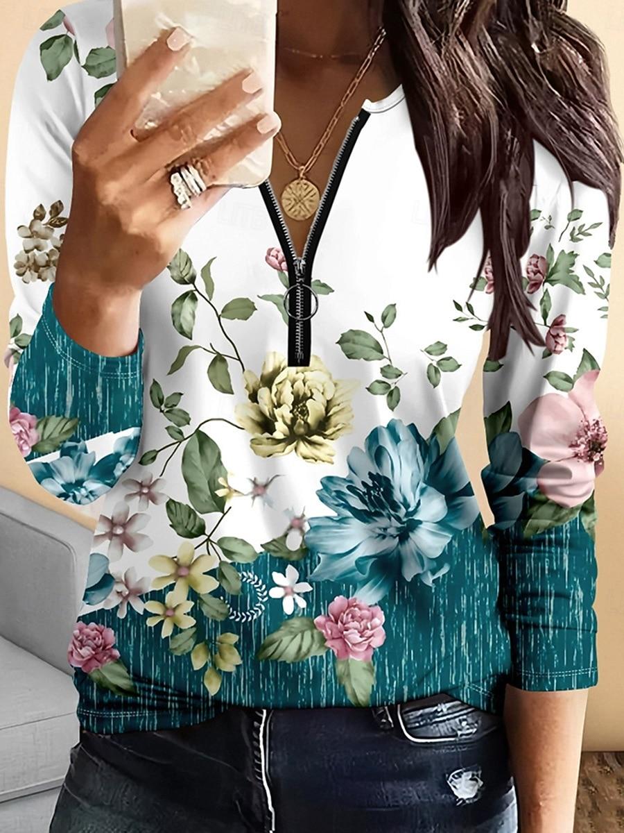 

Женская футболка с цветочным графическим принтом, винтажная, модная, стильная, с длинным рукавом, с круглым вырезом, обычная, на каждый день, с принтом на молнии, желтая, синяя, зеленая, весна, осень, зима 2XL
