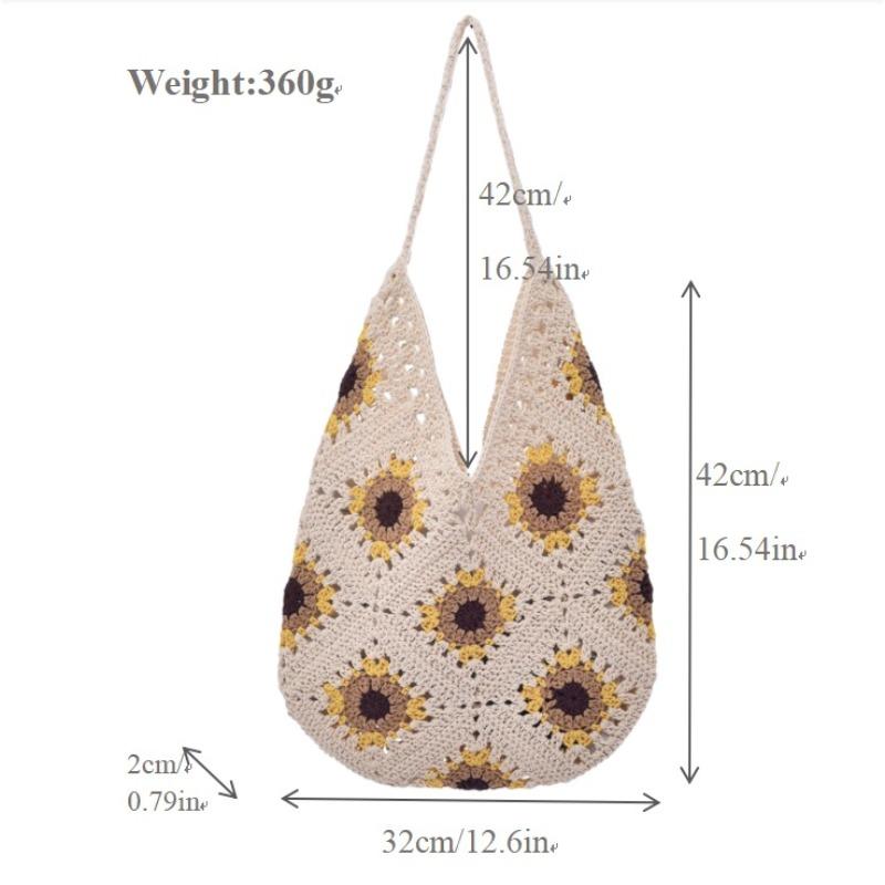 

New Flower Grass Woven Bag, Women s Handmade Cotton Thread Woven Bag, Large Capacity Single Shoulder Tote Bag, Vacation Beach Bag белый