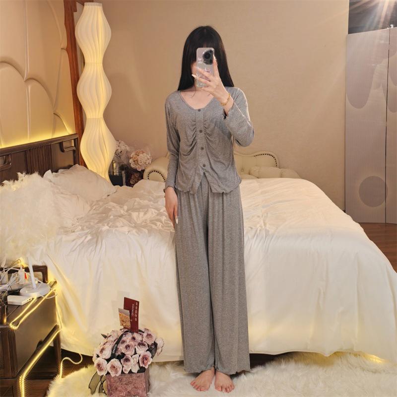 Modal Women's One-Piece Pajama Set with Built-In Bra - Long Sleeve, High-End, Home & Outdoor Wear for Spring & Autumn