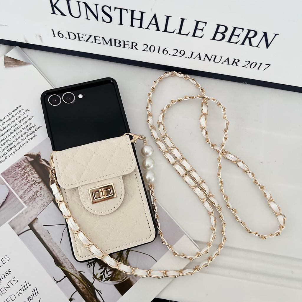 Fragrant Pearl Crossbody For Women Luxurious Card Holder Wallet Phone Case for Samsung Galaxy Z Flip 7 6 5 4 3 Shockproof Cover