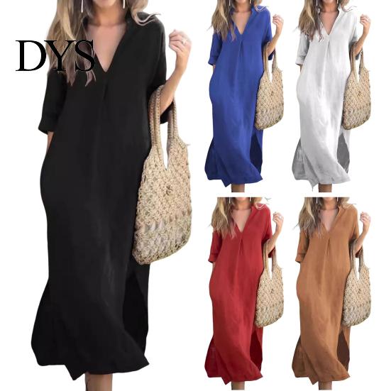 Lightweight Women Dress Summer Deep V Neck Three Quarter Sleeves Ankle Length Solid Color Thin Loose Side Slit A-line Casual Daily Vacation Beach Maxi
