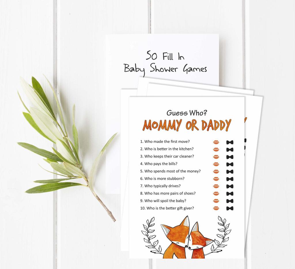 Inkdotpot Mommy Or Daddy Who Said it Game Gender Neutral Fox Animals Set of 50 Fun Baby Shower Game Party Supply