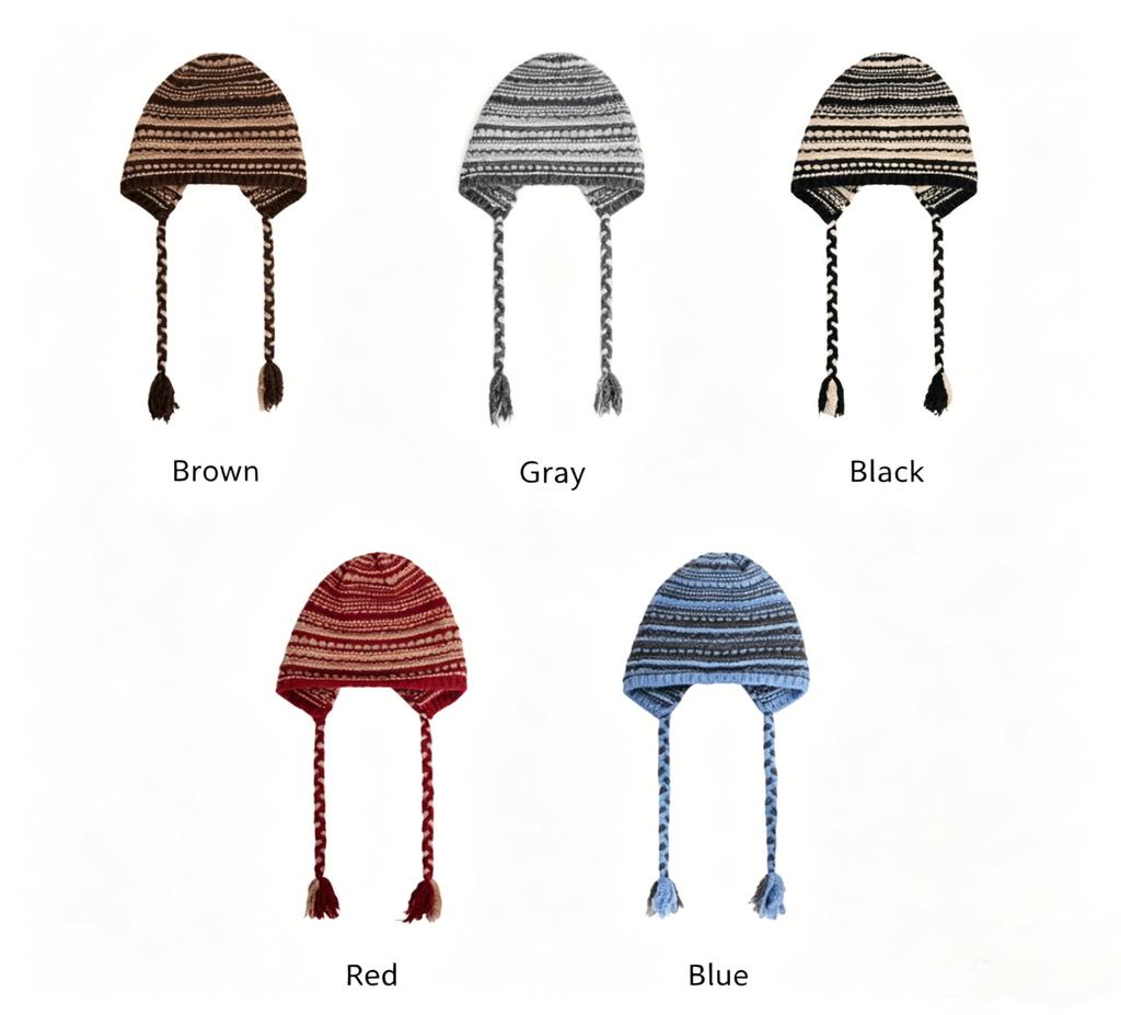 Maillard Retro Strickmütze Damen Herbst Winter Warme Slouchy Mütze Großer Kopfumfang Kordel Ohrenklappenmütze