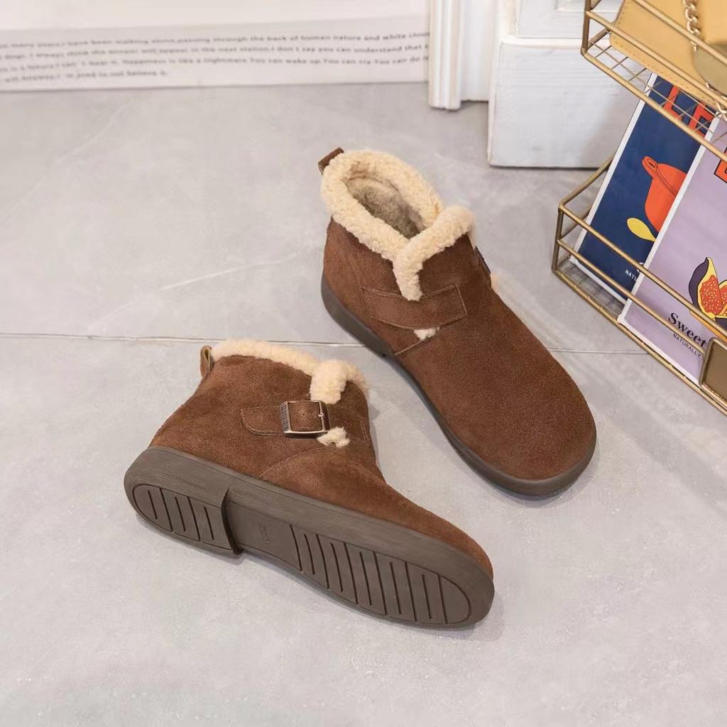 Leather snow boots women's cotton shoes autumn and winter new soft-soled piled thickened warm fluffy shoes flat short boots