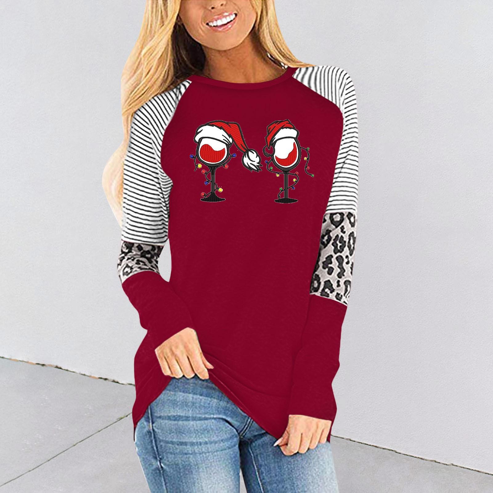

Женская мода повседневный топ с длинным рукавом с рождественским принтом и круглым вырезом XXL красный