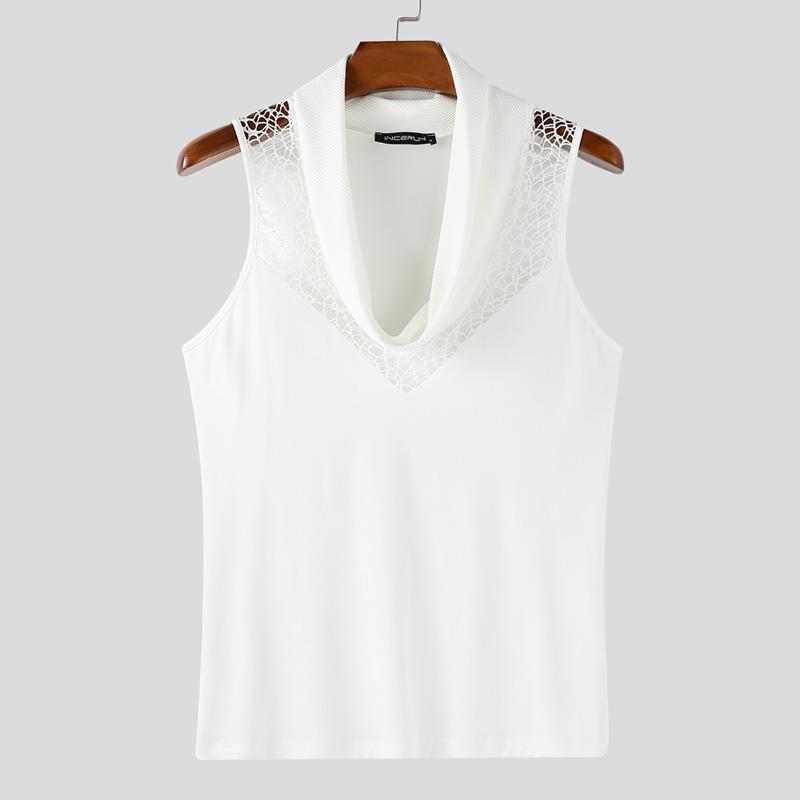 

INCERUN Summer Men Swing Collar Sleeveless Hollow Patchwork Semi-Sheer Tank Tops