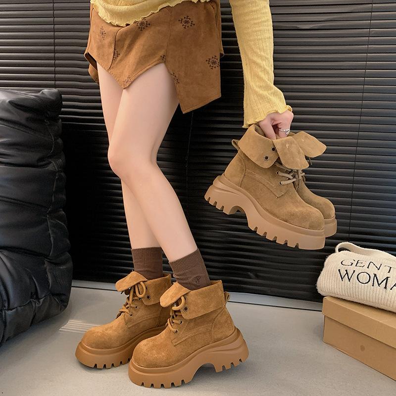 Retro Thick-soled Heightening Martin Boots for Women's 2025 Autumn and Winter New Fashionable Maillard Slim Short Boots Lace-up Rhubarb Boots