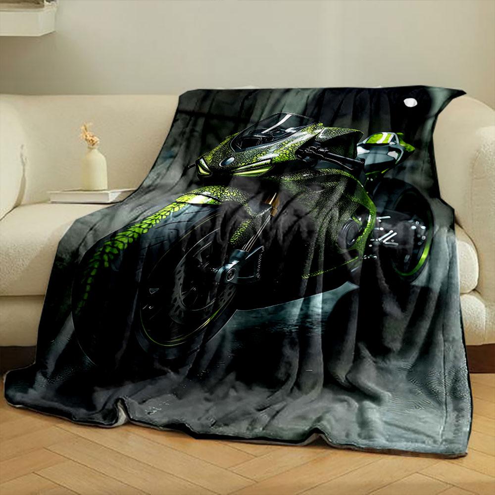 Green Reptile-scale Pattern with Glowing Accents On a Sporty Motorcycle. for All Seasons Blanket Lunch Break Throw Gift