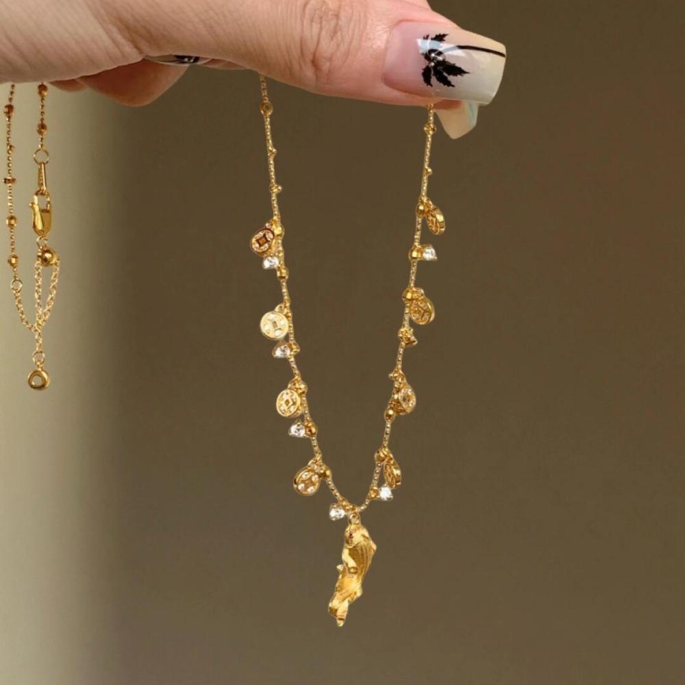 

Handmade Chinese New Year Fish Necklace with Diamond Fish Pendant and Coin Charm for Women