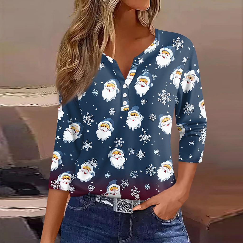 Women's T Shirt Tee Christmas Printed Button 3/4 Sleeve Tunic Daily Weekend Fashion Basic V- Neck Regular Top