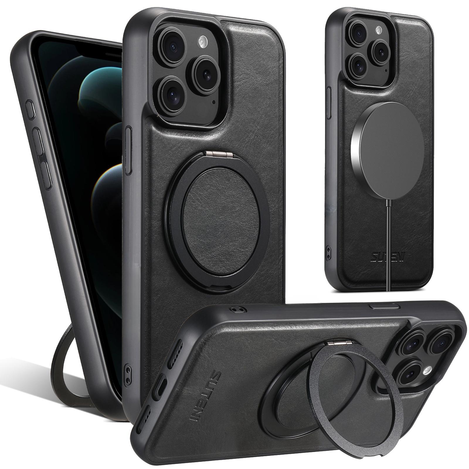 

SUTENI G3 For iPhone 12/12 Pro Case Compatible with MagSafe Waxy Texture Rotating Kickstand Leather Phone Back Cover Black