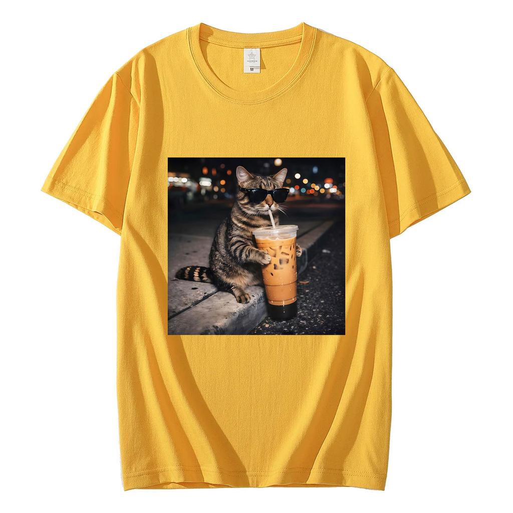 Funny Cat Drinking Coffee Meme Graphic T Shirts High Quality Fashion Short Sleeve Tshirts Men Women Casual Loose Cotton Tshirt