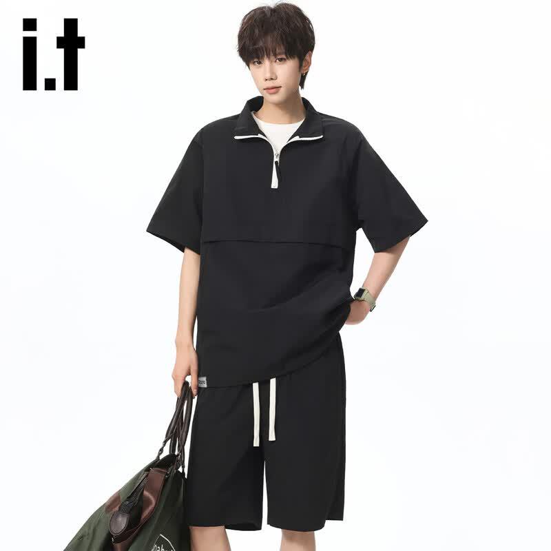 Izzueit Men's Half-Zip Quick-Dry Ice Silk T-Shirt & Shorts Set