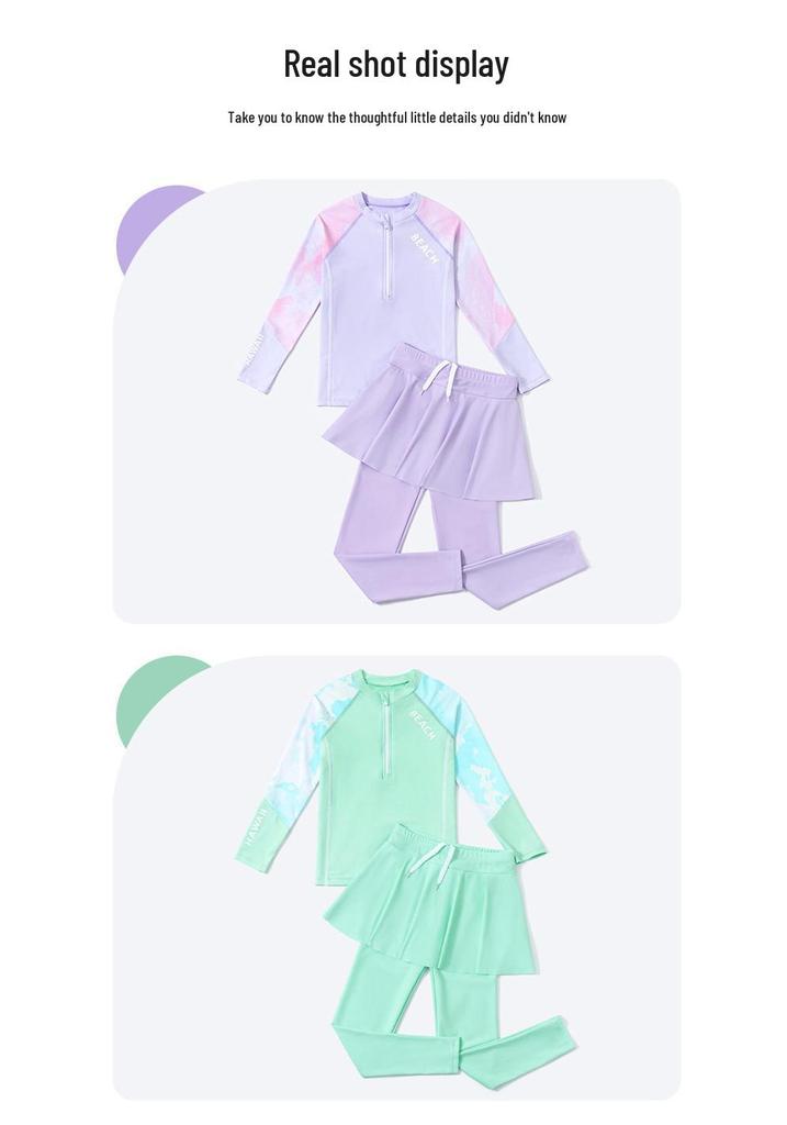 Girls' 2024 Long Sleeve Two-Piece Swimsuit Set with Sunscreen Protection