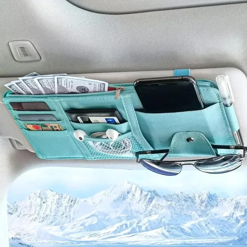 Multi Functional Sun Visor Storage Bag with Phone Holder Sunglass Case and Card Slots Space Saving Car Accessory