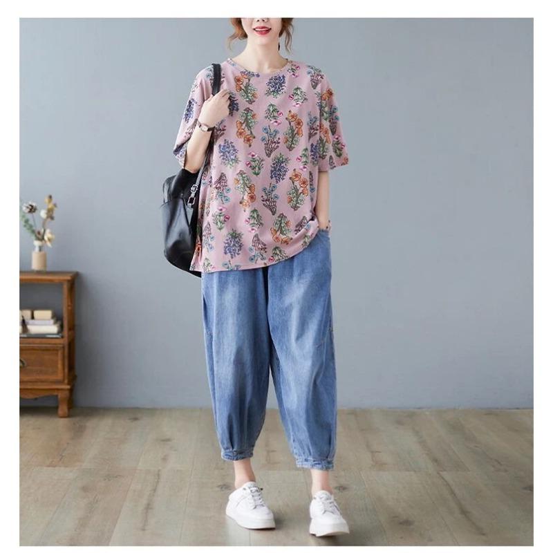 Damen Sommer Rundhals Kurzarm Blumenprint Lässig Locker Sitzendes T-Shirt Mehrfarbig