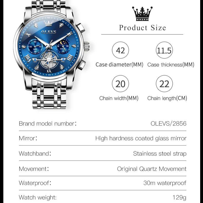 OLEVS 2856 Classic Quartz Watches for Men Flywheel Skeleton Moon Phase Chronograph Waterproof Luminous Men's Dress Wristwatches