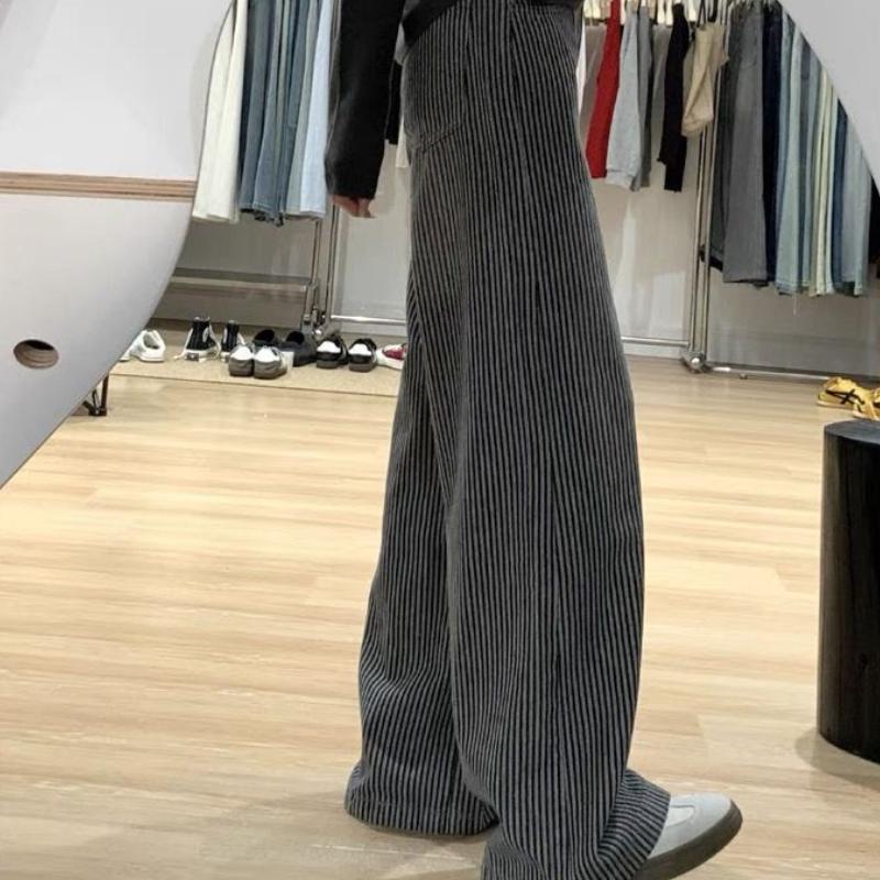 American Vintage Extra dlouhé pruhované džíny se širokými nohavicemi pro ženy - S vysokým pasem, volný střih, zeštíhlující rovné nohavice po zem (Podzim zima)