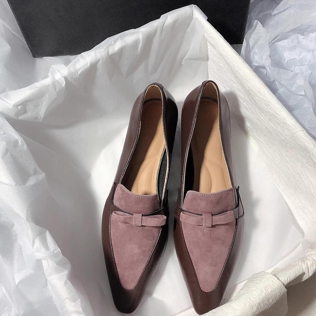French Full Leather Pointed Single Shoes Women's Spring 2025 New Thick Heel Small Leather Shoes Bow Splicing Loafers