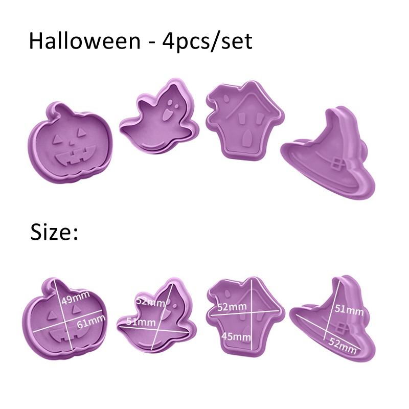 4Pcs/Set Christmas Halloween Cookie Cutter Stamp Biscuit Mold 3D Cookie Plunger Fondant Sugar Craft Pastry Cake Decorating Tool
