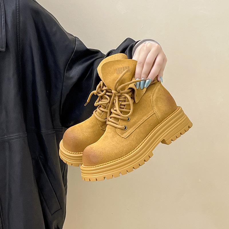 Retro dicksohlige, polierte, schlichte Martin-Stiefel für Damen, Herbst- und Wintermode, vielseitige kurze Stiefel aus Wildleder