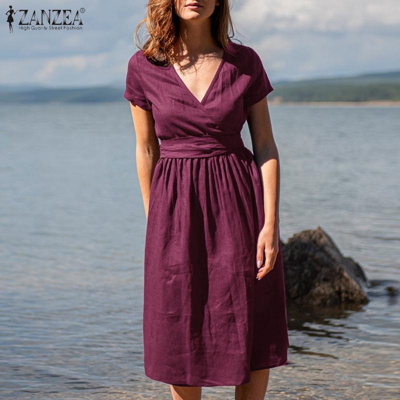 

ZANZEA Летнее повседневное женское хлопковое платье с v-образным вырезом и коротким рукавом