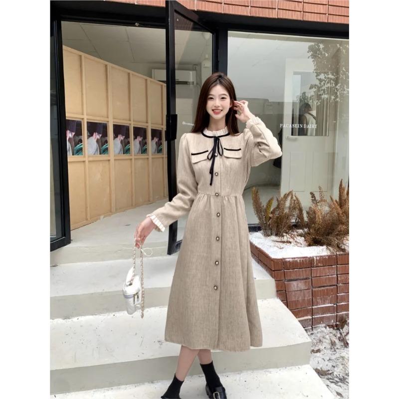 Spring Autumn New French Style Tight Waist Gentle Elegant Solid Color Long Sleeve Collar Lace-up Dress