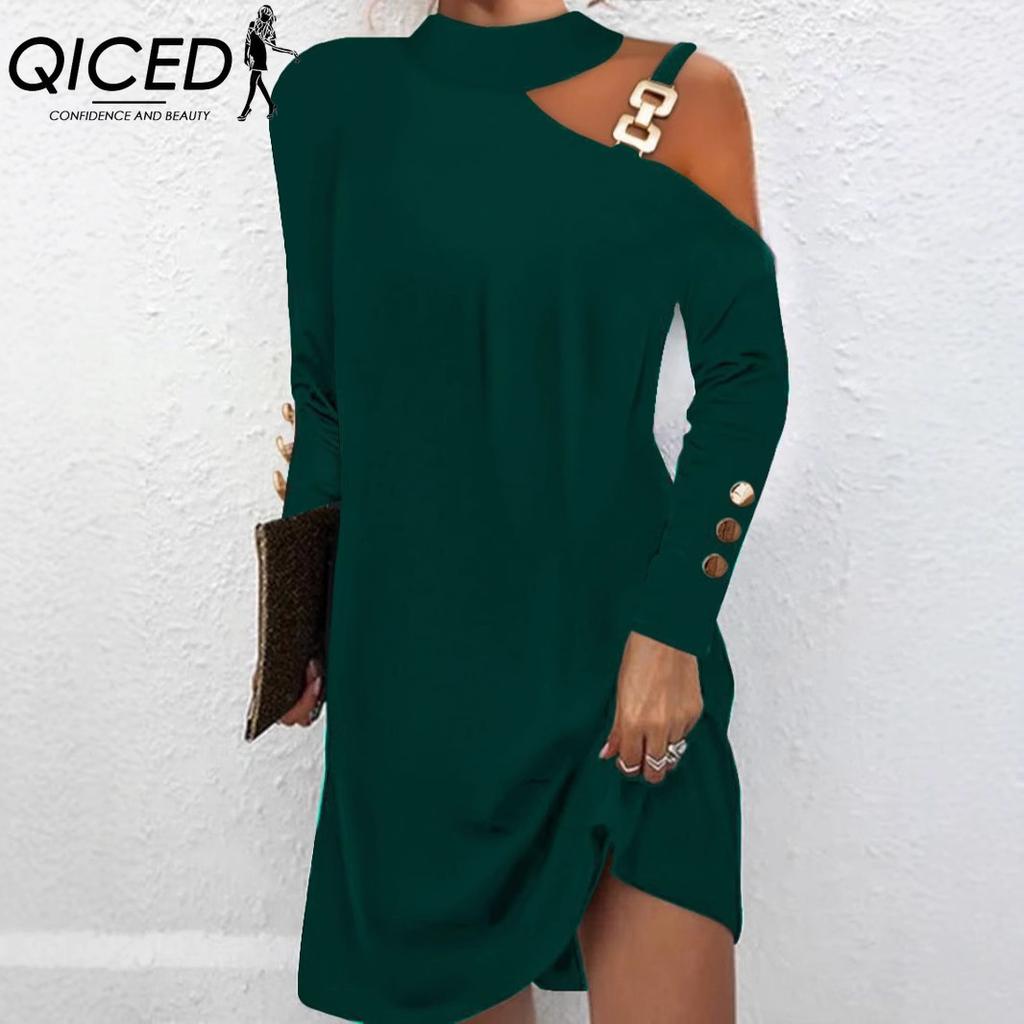 QICED Women's Fashion Spring Autumn Solid Color Print Long Sleeve High Waist Casual Dresses