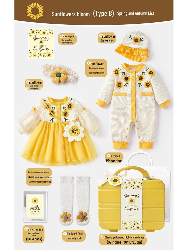 Newborn Baby Girl Sunflower Dress Gift Box - Summer/Autumn First Birthday Outfit
