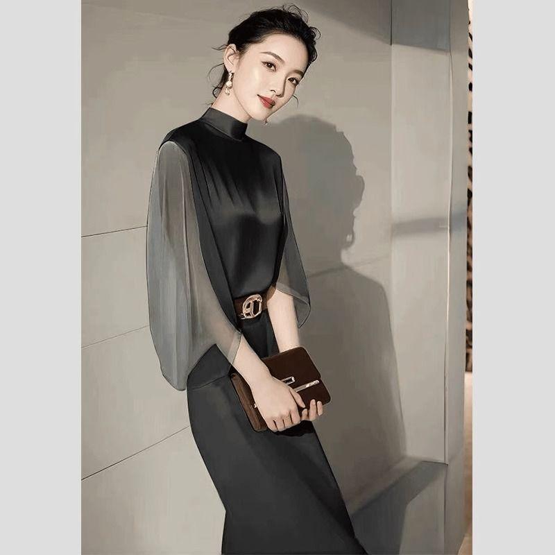 Dopamine French Black Chiffon Shirt Women's Long Sleeved Autumn New Beautiful Small Shirt Western-style Unique and Chic Top