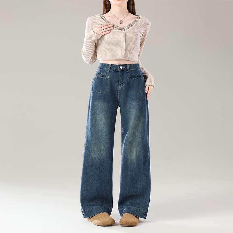 Winter 2026 Women s Retro High-Waisted Wide-Leg Jeans - Plus Size, Floor-Length, Loose Fit, Slimming Drape. XL