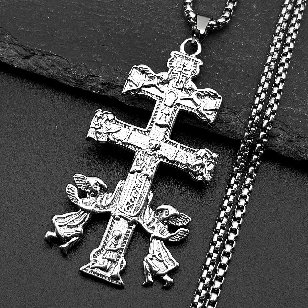 Catholic INRI Caravaca Cross Jesus Crucifix Cherub Angel Pendant Necklace for Women Men Stainless Steel Orthodox Jewelry Gift