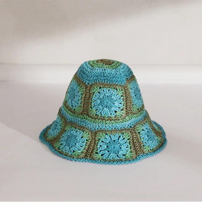 Japan Korea Crochet Beach Straw Hat Women Summer Flowers Grid Pure Hand-woven Hat Sunshade Fisherman Breathable Bucket Gorras