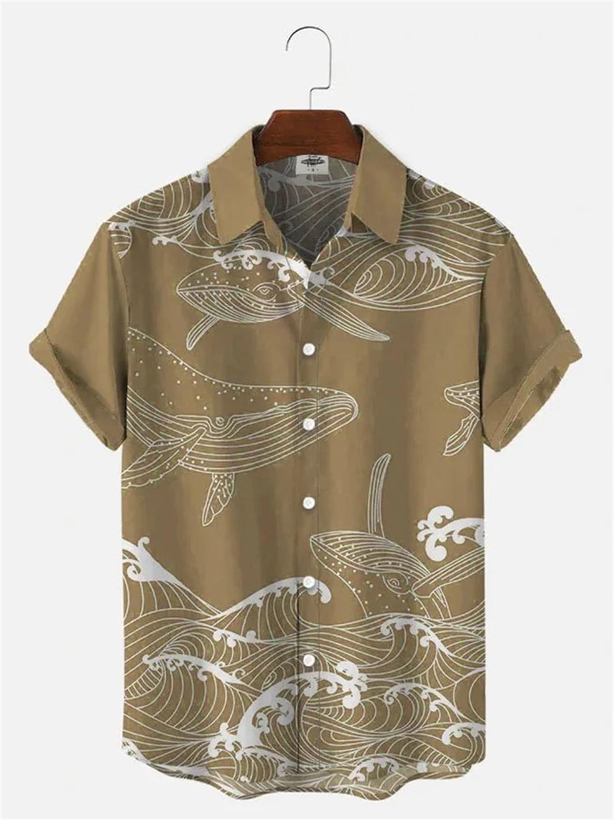 Hawaiian Men s Short Sleeve Shirt Whale Spray Print Beach Fashion Lapel Top 2024 New Large Size Casual S