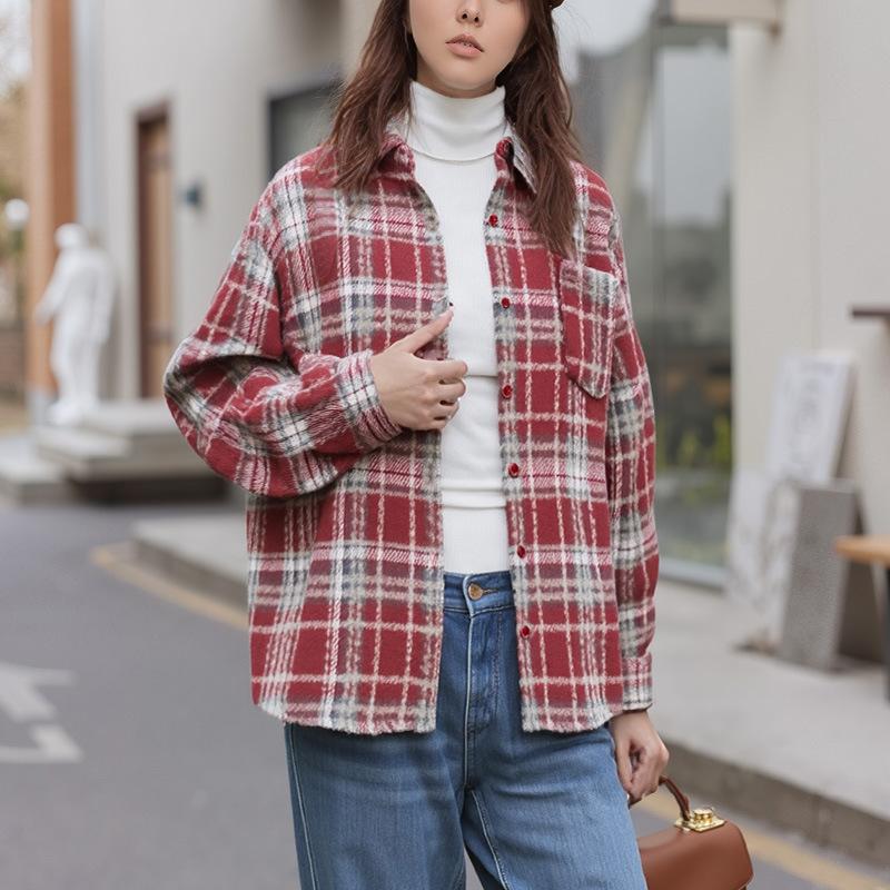 Spring and Autumn New Trend American Retro Wool Plaid Shirt Women's Loose Casual Lazy Lapel Long Sleeve Shirt