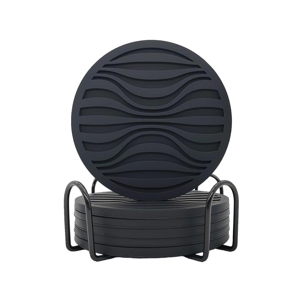 Karasu no Ki Holds Water Prevents Set of with Storage 10cm Coasters, Non-stick Coasters, Silicone, Droplets, Condensation, 6, Shelf, Circular, (Black)