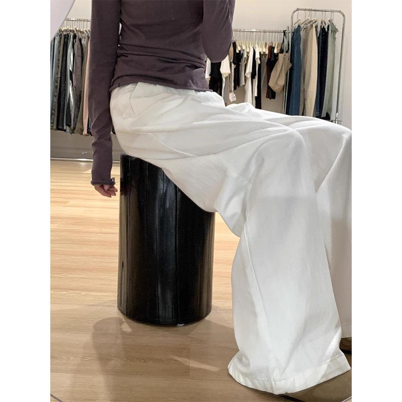 Plus Size High Waist Fleece-Lined White Pleated Wide-Leg Jeans for Women - Autumn/Winter Loose Straight Leg Floor-Length Pants