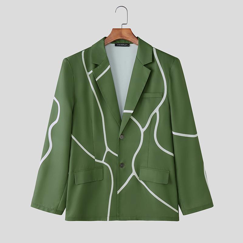 

INCERUN Spring Autumn Men Lapel Neck Long Sleeve Button Print Thin Blazer Coats S зелёный