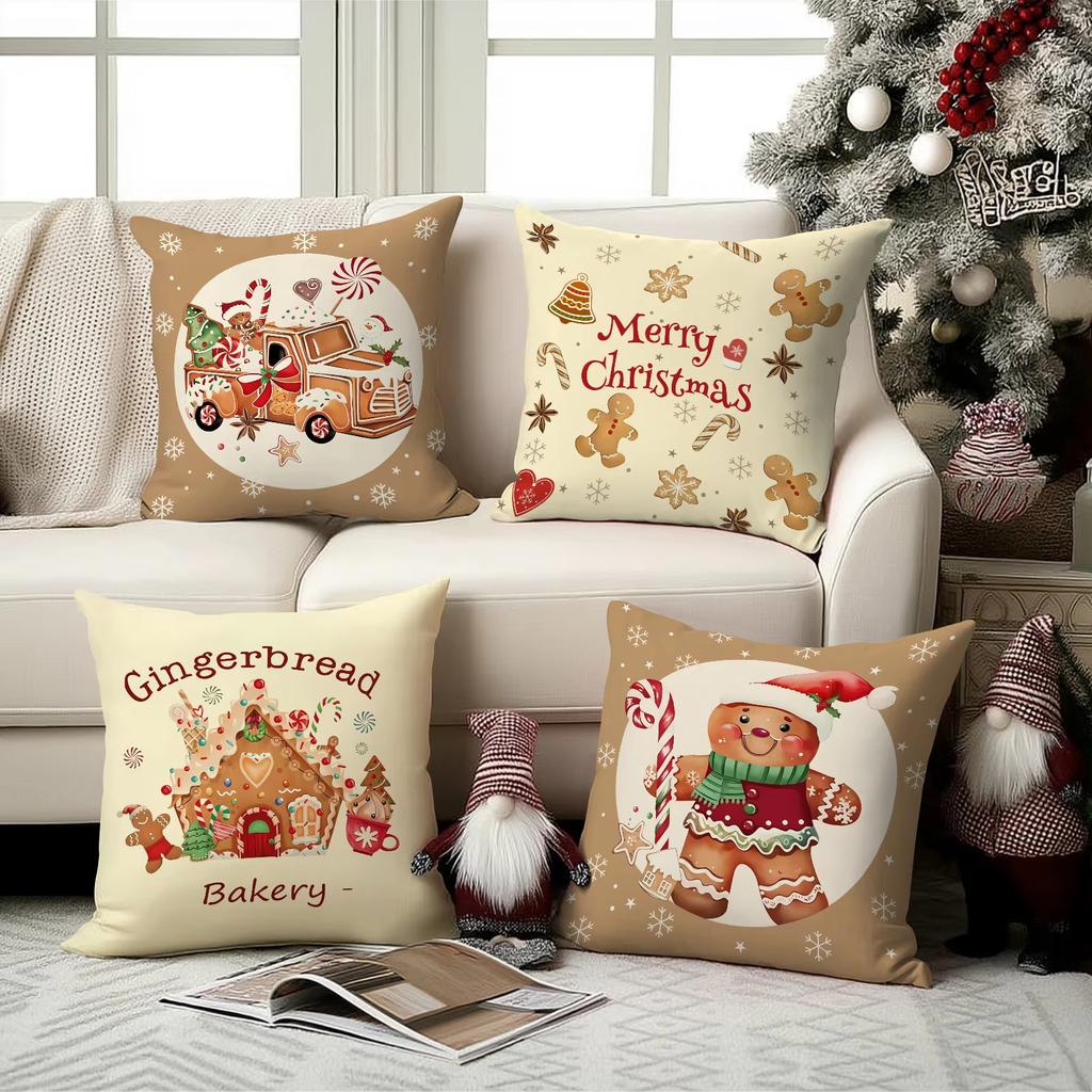 Khaki Christmas Pillowcases Candy Gingerbread Bakery Design Cushion Covers for Winter Holiday Home Sofa Decor
