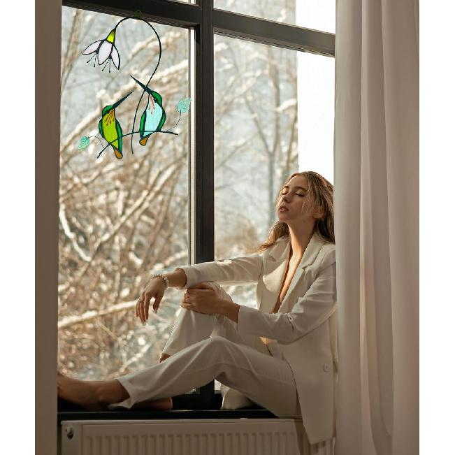 Hummingbird with Flower Stained Glass Suncatcher Bird Stained Glass Window Hangings Hummingbird Gift for Women Home Decor