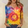 Women's Fashion Casual Three-quarter Sleeve Tie-Dye Printed Round Neck Top