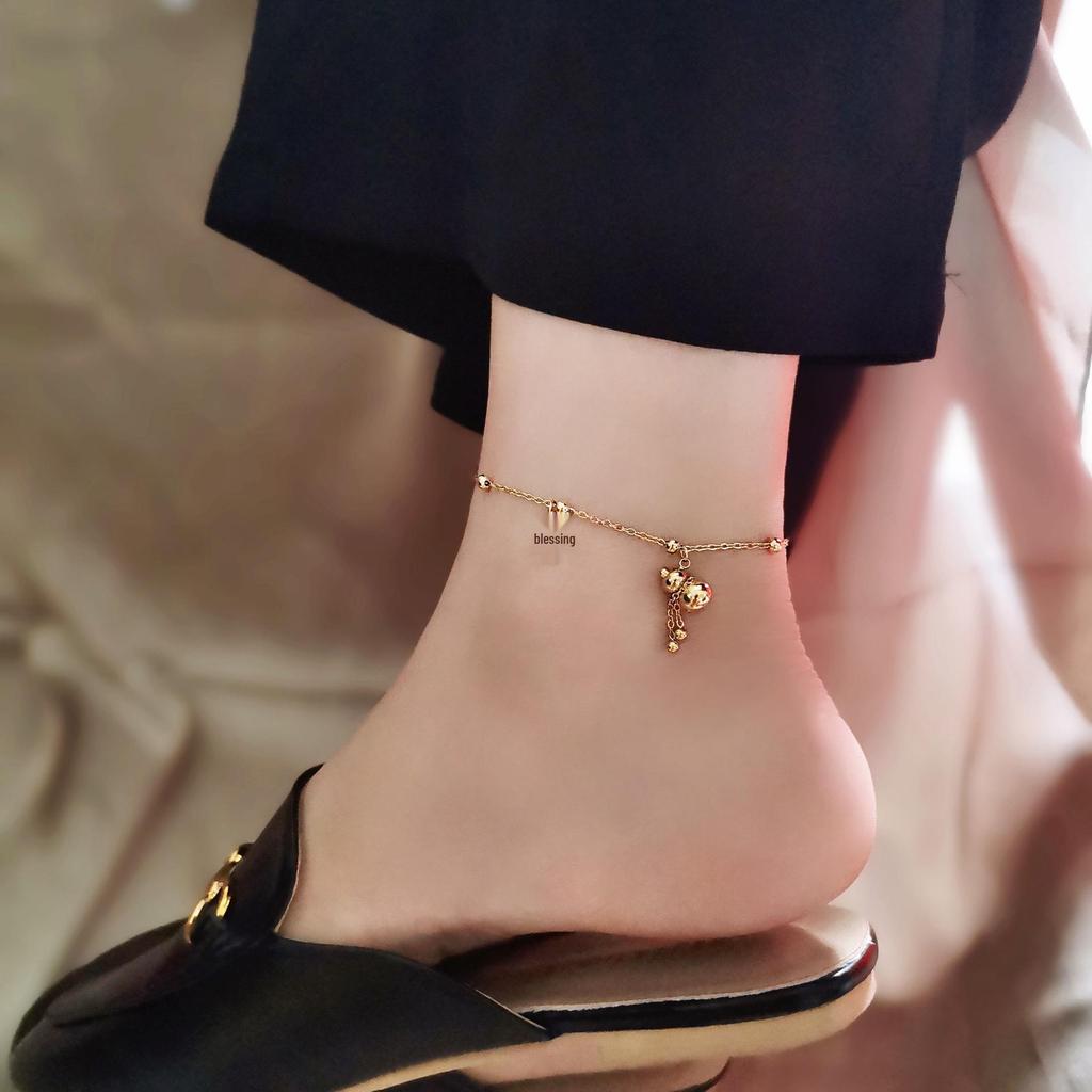 Titanium Steel Lucky Gourd Anklet - Elegant Gold Fu Character Foot Chain for Women