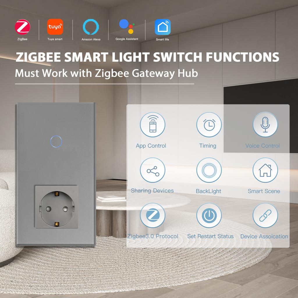 BSEED Zigbee 1/2/3Gang Touch Smart Switches 1/2/3Way Tuya Smart Life App Control With EU Wall Sockets Outlets Gray Series