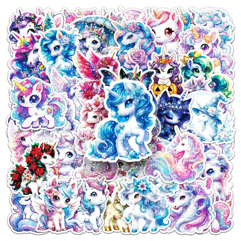 50 Laser Unicorn Rainbow Horse Stickers - Holographic Dazzling Color Stationery, Cute DIY Decoration for Journal and Computer