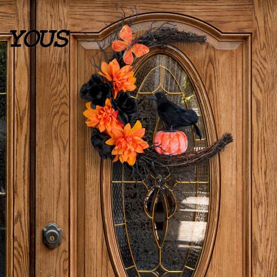 Realistic Theme Party Props Halloween Door Sign, Artificial Floral Branch Crow Moon Wall Hanger with Fabric Hanging Decor Bird, Spooky Window Yard for