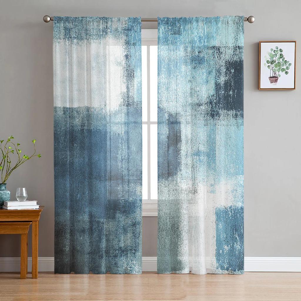 Oil Painting Style Abstract Geometric Yellow Voile Curtains Bedroom Tulle Window Curtain Living Room Sheer Curtains Drapes