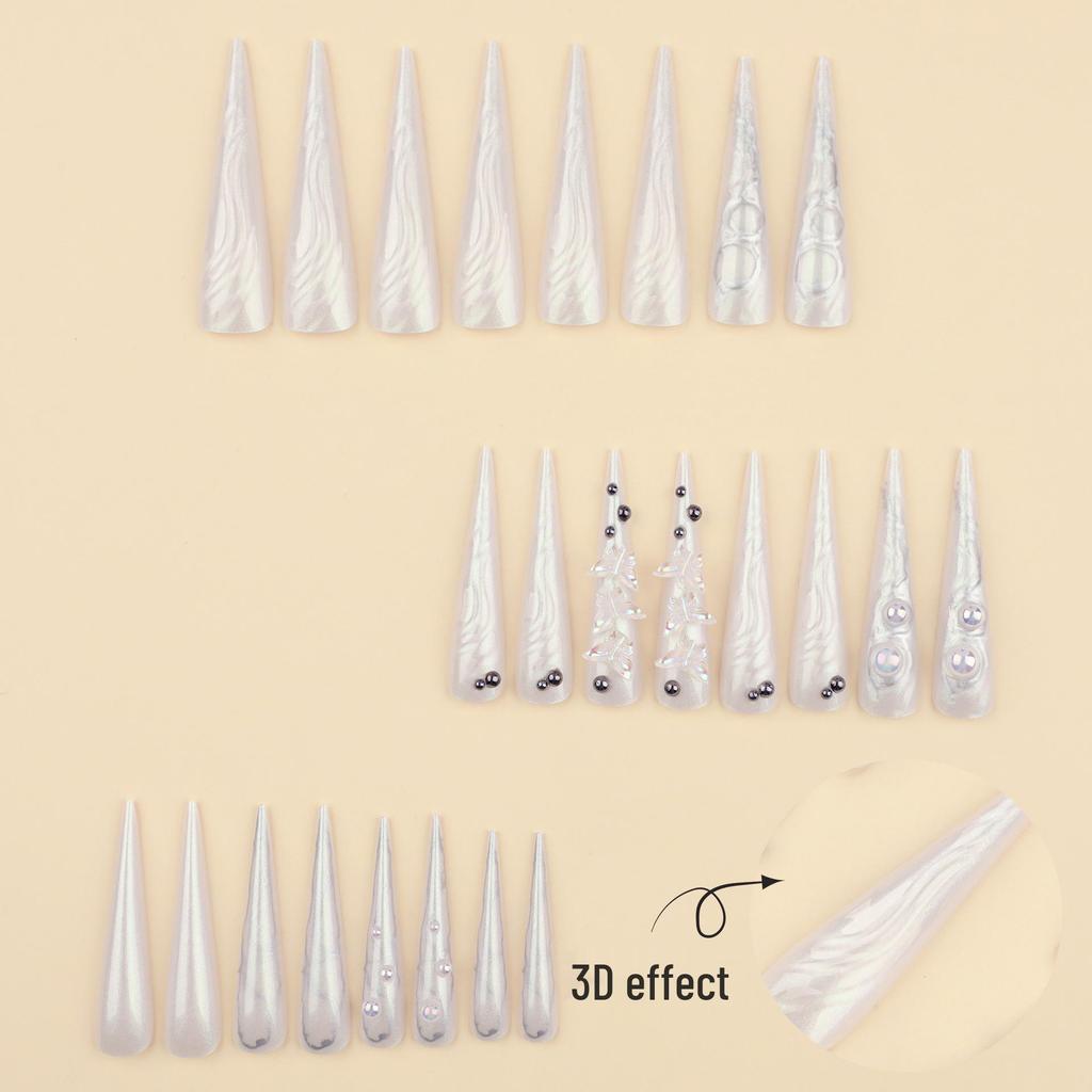 Aurora 3D Butterfly Pointed Beauty Nails - Long Wearable Pearl Nude Glitter with Rhinestones